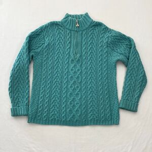 Aran Crafts Merino Wool Cable Knit Sweater 1/4 Zip Fisherman Womens Large Green
